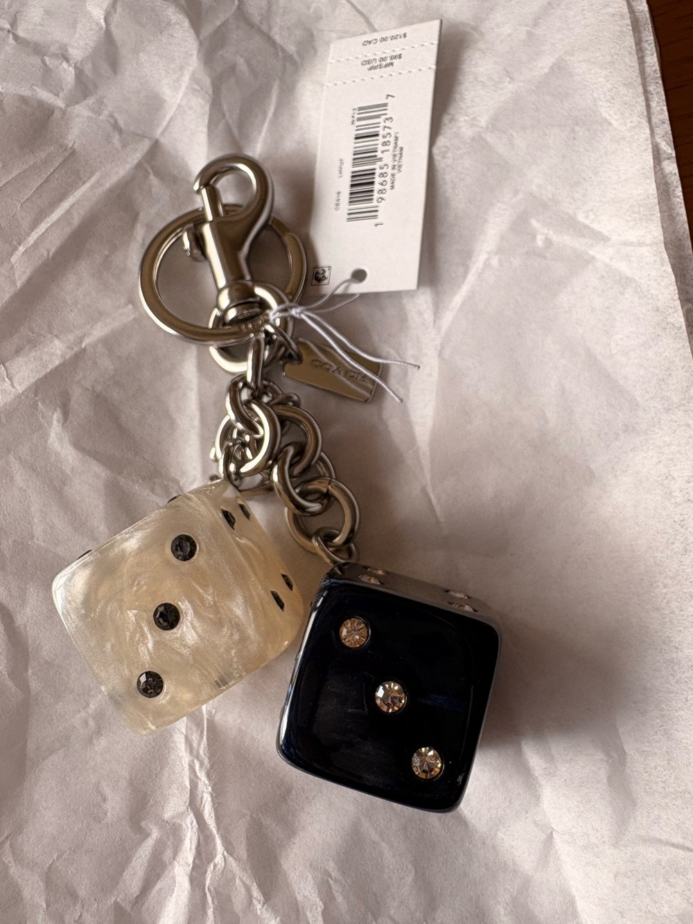 Coach Silver Keyring with Black and Pearl Dice Charms